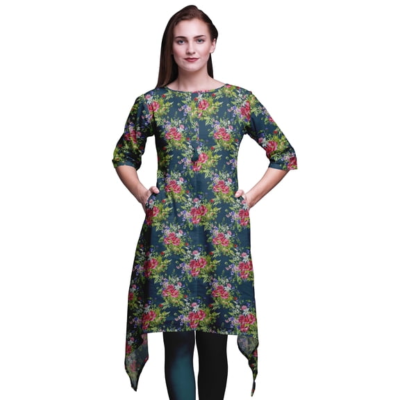 Bimba Blue Leaves & Peony Floral Asymmetric Kurta Indian Tunic Tops For Women Printed Indian Clothing XX-Large