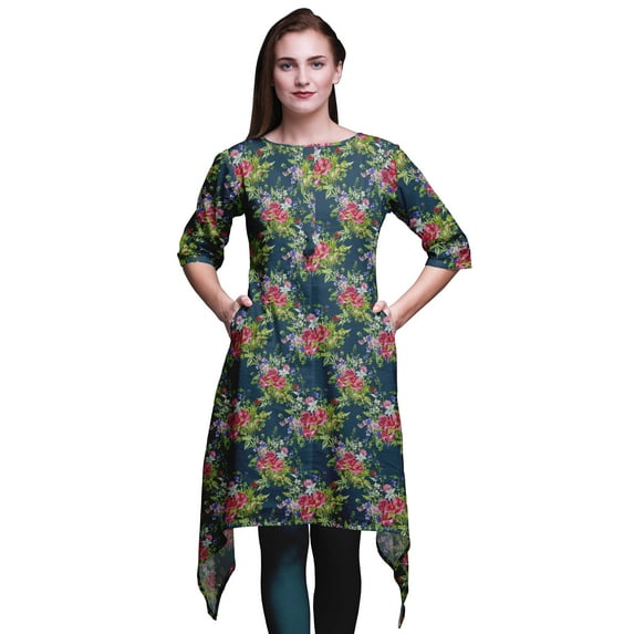 Bimba Blue Leaves & Peony Floral Printed Asymmetrical Kurti Tops For Women Indian Summer Dress Tunic Small