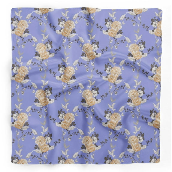 Bimba Blue Leaves & Peony Floral Pure Silk Printed Scarf Dupatta Head Neck Wrap Bandanas For Women 40 x 40 Inches