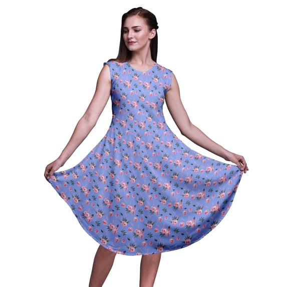 Bimba Blue Leaves & Ranunculus Floral Women Printed Knee Length Sleeveless Shift Summer Dress-XX-Large