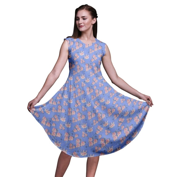 Bimba Blue Leaves & Rose Floral Printed Knee Length Ladies Sleeveless Holiday Wear Tank Dress-X-Large