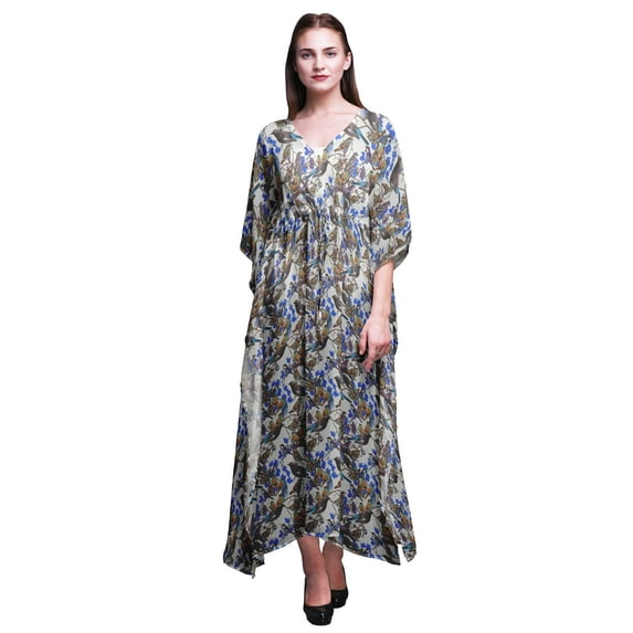 Bimba Blue Leaves,Sparrow & American Robin Bird Ladies Kaftan Holiday Loungewear Maxi Dress Beach Coverup-S-L