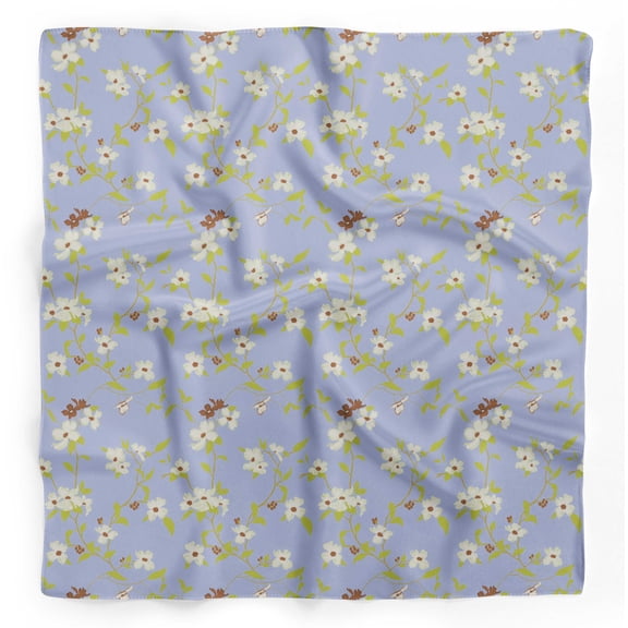 Bimba Blue Leaves & White Flower Floral Printed Pure Silk Scarf For Hair Neck Head Bandanas For Women 40 x 80 Inches
