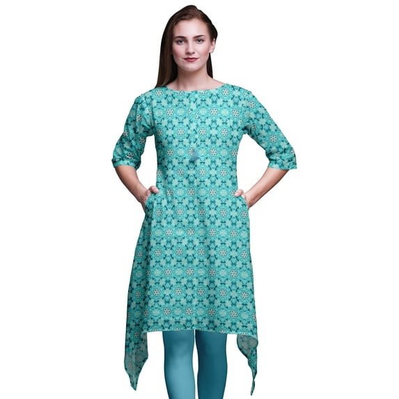 Bimba Blue Mosaic Tie-Dye Indian Tunic Tops For Girls Printed Casual Top For Women Ethnic Kurti Small