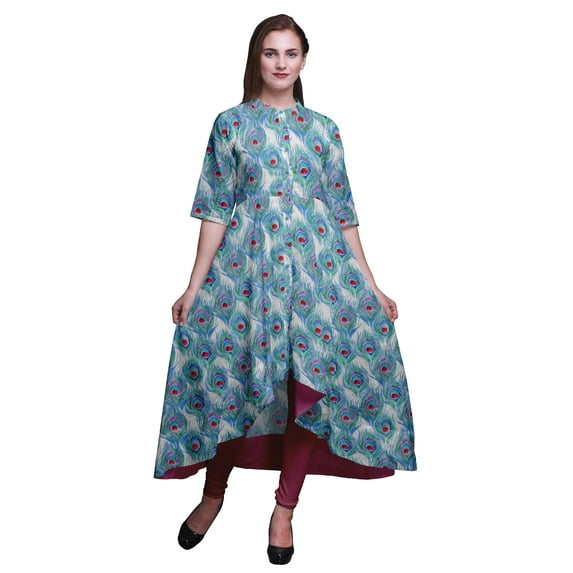 Bimba Blue Peacock Feather Printed Anarkali Dress For Women Mandarin Collar Indian Kurtis For Women Party Wear-X-Large