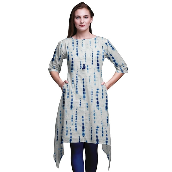 Bimba Blue Print Shibori Indian Tunic Tops For Girls Printed Casual Top For Women Ethnic Kurti Small
