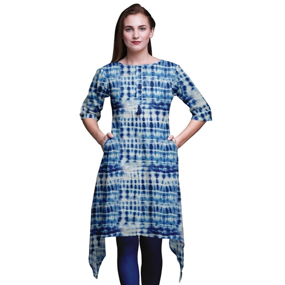 Bimba Blue Print Shibori Women Kurtas Ethnic Printed Asymmetric Summer Wear Tops For Women Large