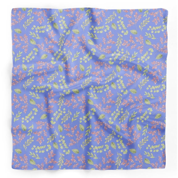 Bimba Blue Red Berries & Leaves Printed Pure Silk Scarf Neck Wrap Summer Hair Bandanas For Women 40 x 40 Inches
