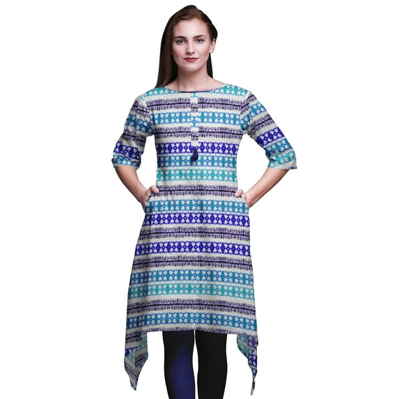 Bimba Blue Shibori Tie-Dye Asymmetric Kurta Indian Tunic Tops For Women Printed Indian Clothing Large