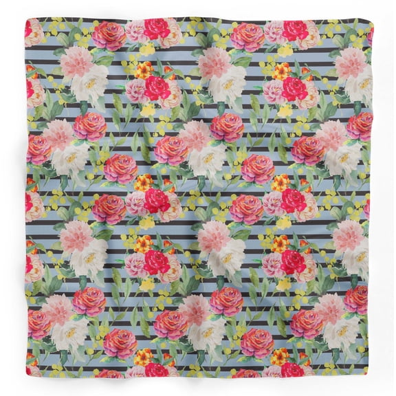Bimba Blue Stripe & Grandiflora Roses Floral Printed Pure Silk Scarf Neck Wrap Summer Hair Bandanas For Women 40 x 80 Inches