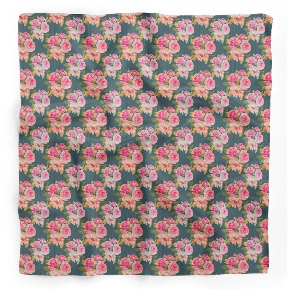 Bimba Blue Stripe & Ranunculus Floral Printed Pure Silk Scarf Neck Wrap Summer Hair Bandanas For Women 40 x 80 Inches