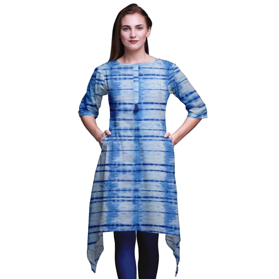 Bimba Blue Stripe Shibori Printed Tops For Women Asymmetric Kurti Summer Dress For Girls Large
