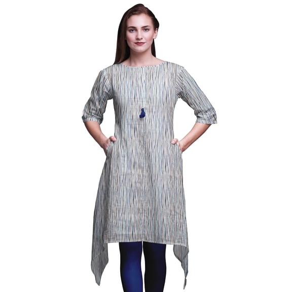 Bimba Blue Weave Shibori Printed Tops For Women Asymmetric Kurti Summer Dress For Girls Medium