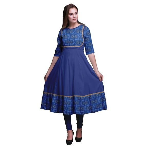 Bimba Blue2 Geometric Leaves & Floral Print Long Anarkali For Women Indian Kurti Casual Ethnic Tunic X-Small