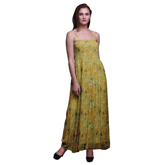 Bimba Blueberry Leaves Print Women Smocked Bodice Beach Sun Dress-Medium