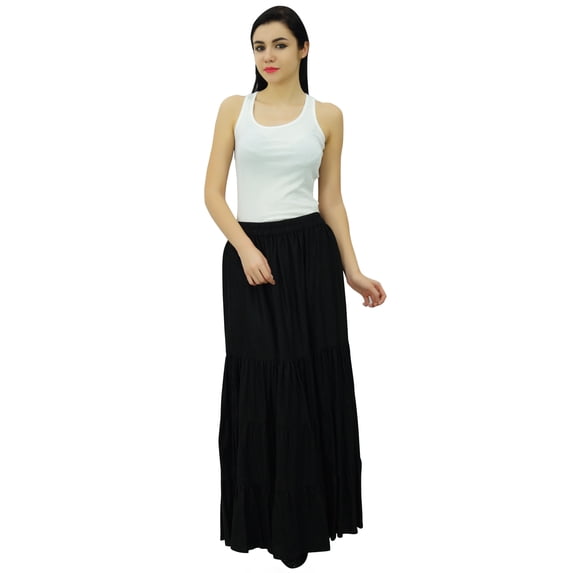 Bimba Boho Long Flaired Maxi Tier Skirt Elastic Waist Rayon Bohemian Skirts