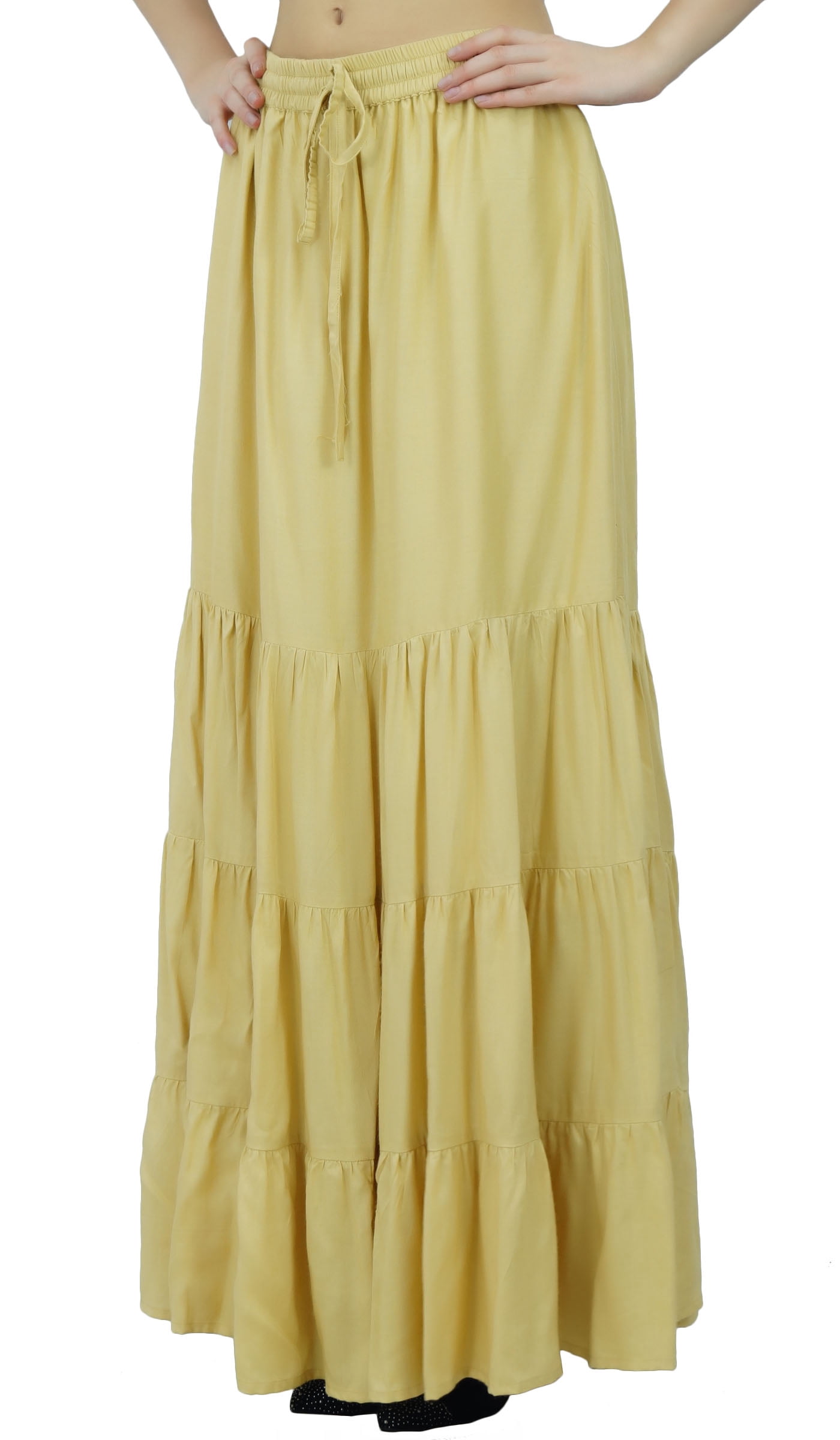 Ankle Length Skirt Bimba Women's Boho Long Flared Maxi Skirt - Rayon Tiered Skirt With Elastic Waist, 40" Length, Bohemian Summer Skirt White Skirt