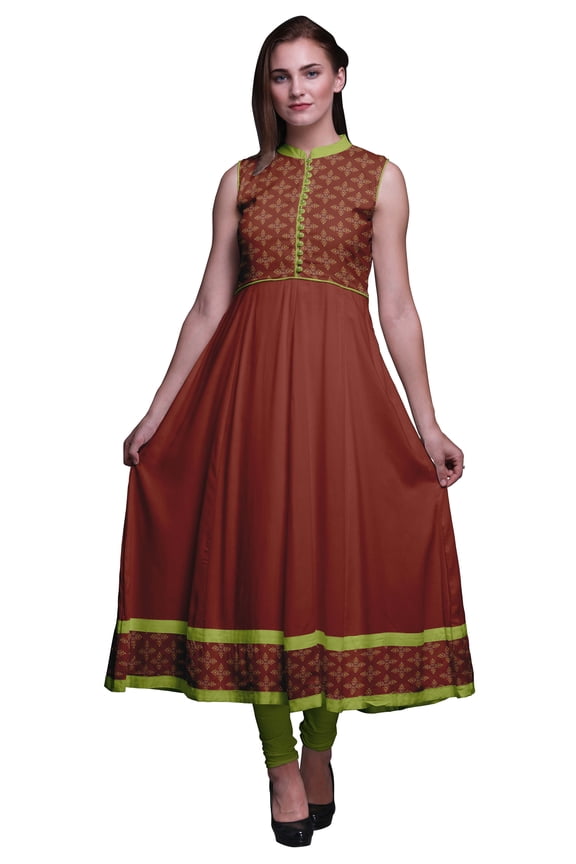 Brick Red2 Damask Indian Long Kurti For Women Party Wear Printed Sleeveless Anarkali Kurti Dress XXX-Large