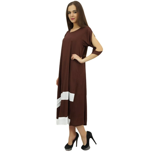 Bimba Brown Cold Shoulder Sleeves Midi Calf Asymetrical Hem Dress with Scarf - 8