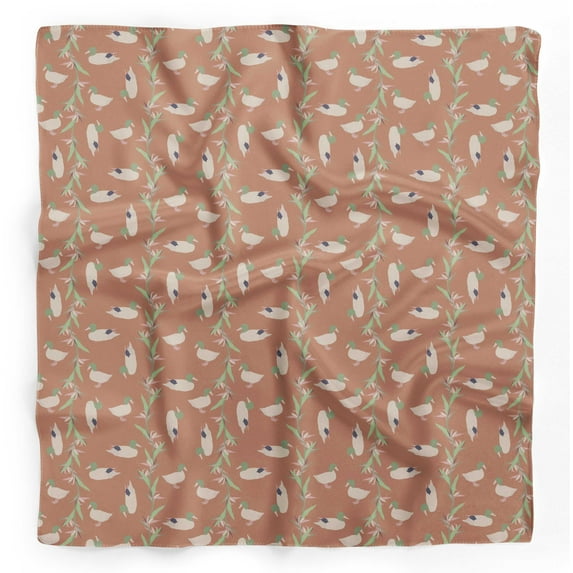Bimba Brown Leaves & Mallard Duck Bird Pure Silk Printed Scarf Dupatta Head Neck Wrap Bandanas For Women 40 x 80 Inches