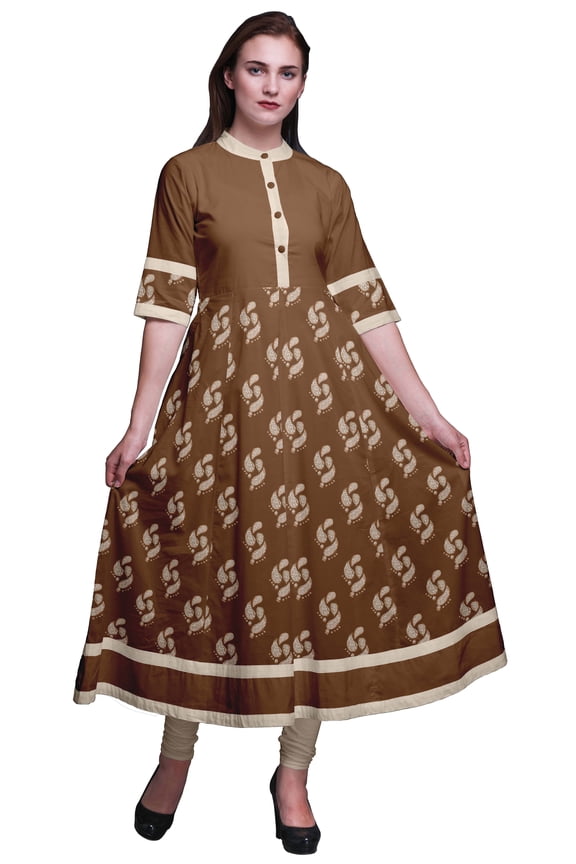 Brown Paisley Block Indian Kurtis For Women Printed A Line Anarkali Kurti Casual Ethnic Dress-XSmall