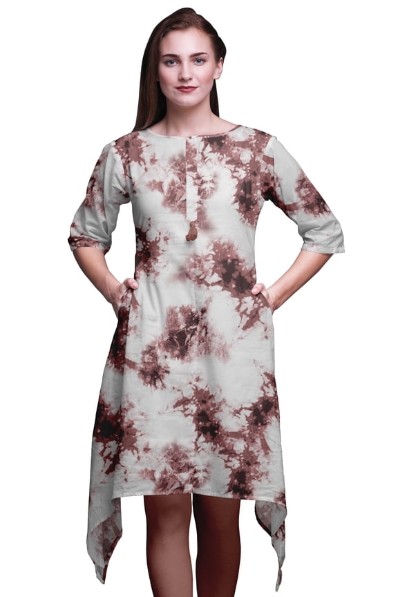 Brown Rays Tie-Dye Asymmetric Kurta Indian Tunic Tops For Women Printed Indian Clothing Large