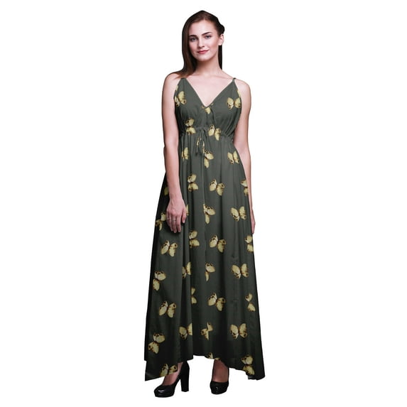 Bimba Butterfly Ladies Printed Resort Maxi Drawstring Dress Spaghetti Strap Beach Wear-Small