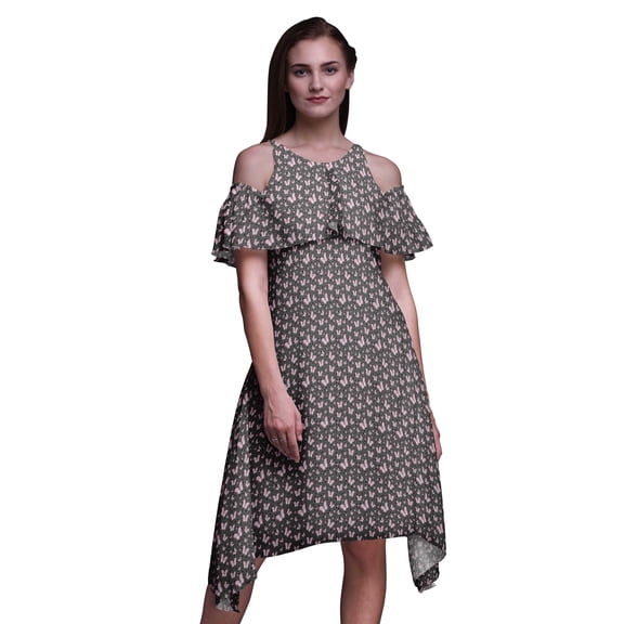 Bimba Butterfly Printed Womenâ€™s Cold Shoulder Tunic Party Round Neck Shift Dress-Small
