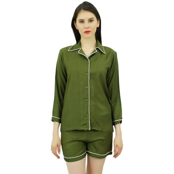 Bimba Button-Down Shirt With Elastic Waist Shorts 2 Pcs Full Sleeve Night Wear Set