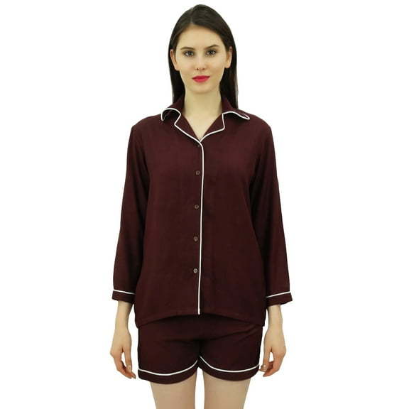 Bimba Button-Down Shirt With Elastic Waist Shorts 2 Pcs Full Sleeve Night Wear Set