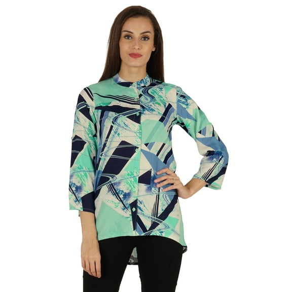 Bimba Button Down Tunic Casual Printed 3/4th Sleeves Loose Fit Rayon Tunic Long Shirt Top For Women