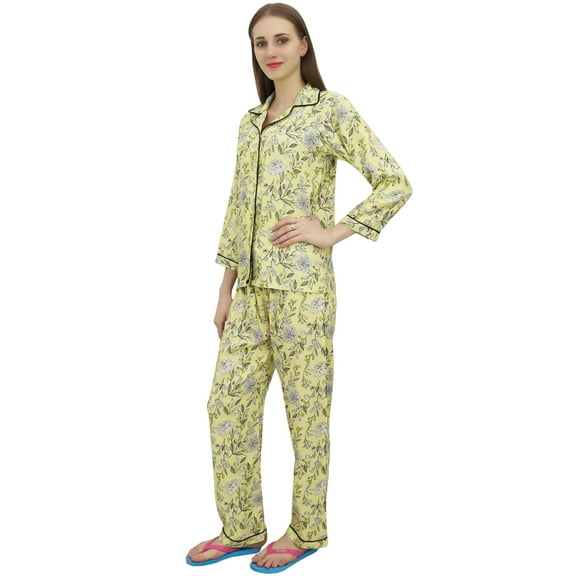 Bimba Button-Down Yellow Shirt Pajama Pant 2 Pcs Floral Print Night Wear Set-6