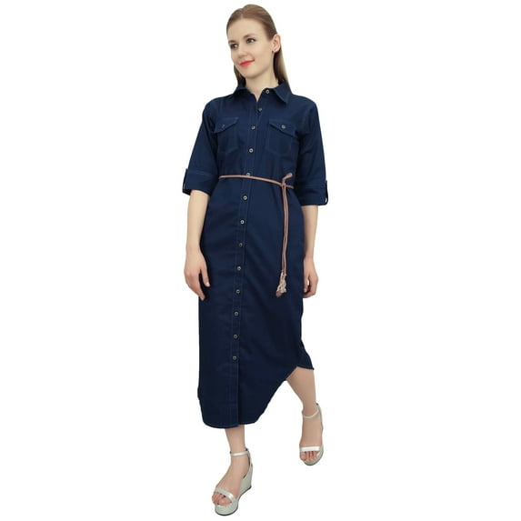 Bimba Casual Navy Blue Women Solid Denim Button Down Dress With Tie Waist Dori - 24