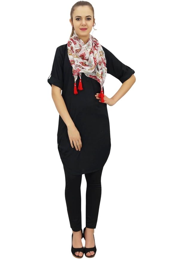 Casual Women Black Kurti Cotton Designer Tunic Kurta Dress With Scarf-22