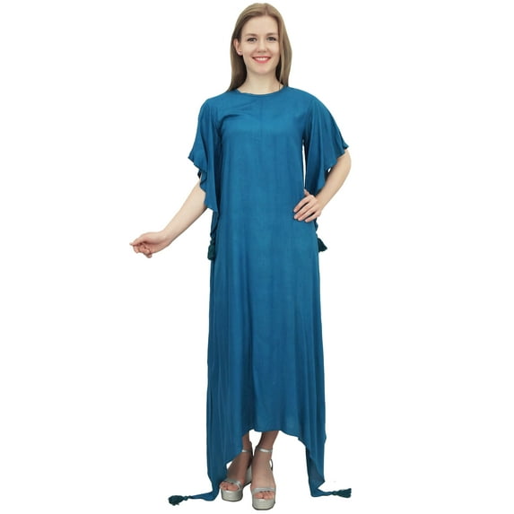 Bimba Casual Women's Teal Blue Short Sleeves Asymmetrical Hem Dress With Scarf - 26