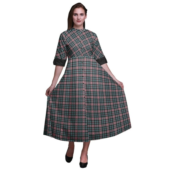 Bimba Check Button Down Dress Print Mandarin Collar Roll Up Sleeves Shirt Dress-Large