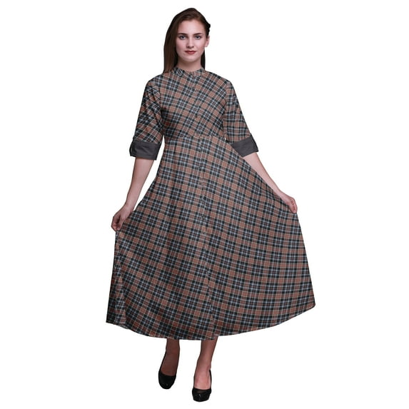 Bimba Check Button Down Dress Print Mandarin Collar Roll Up Sleeves Shirt Dress-X-Small