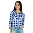thumbnail image 1 of Bimba Check Print Shirt Collar Neck Long Sleeve Casual Chic Button Down Blouse, 1 of 1