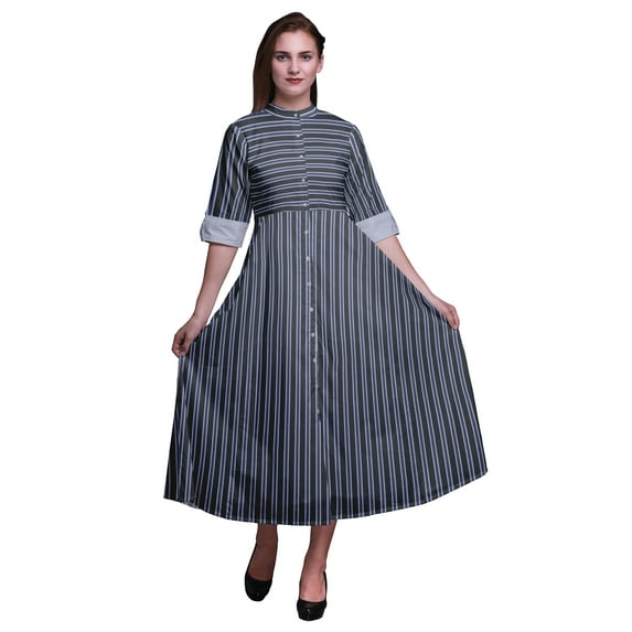 Bimba Check Printed Roll Up Sleeves Button Down Mid-Calf Women Shirt Dress-XXX-Large