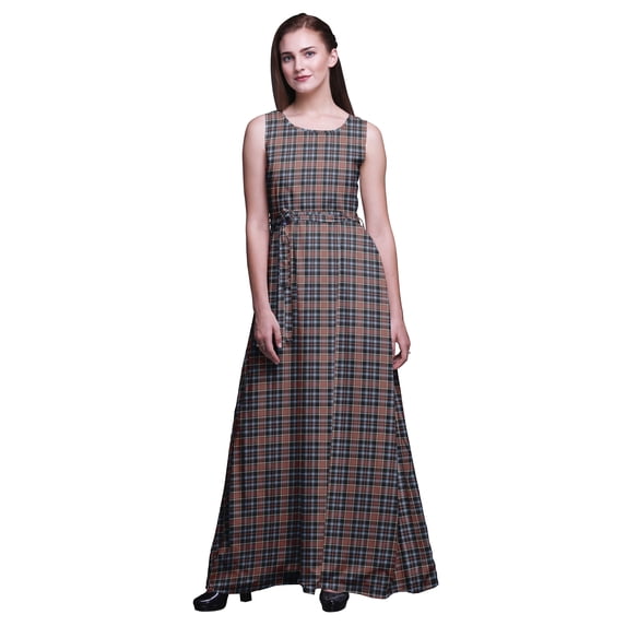Bimba Check Printed Women Sleeveless Gown Chic Style Long Maxi Dress-X-Small