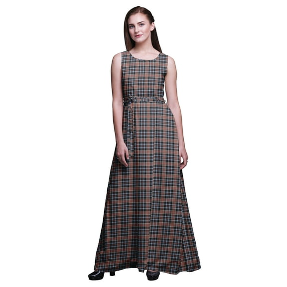 Bimba Check Women Long Tank MaxiÂ Dress Round Neck Printed Party Gown-Large