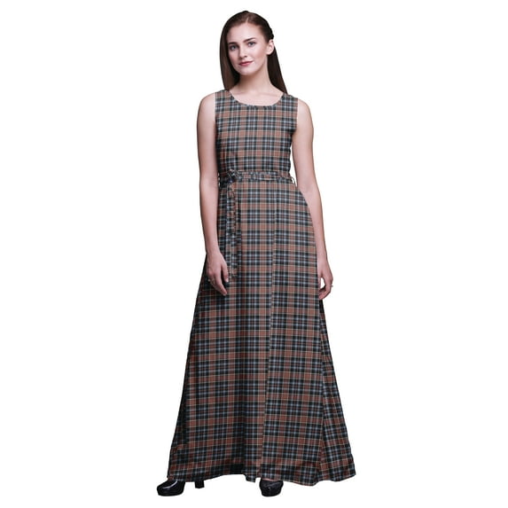 Bimba Check Women Long Tank Maxi Dress Round Neck Printed Party Gown-Large