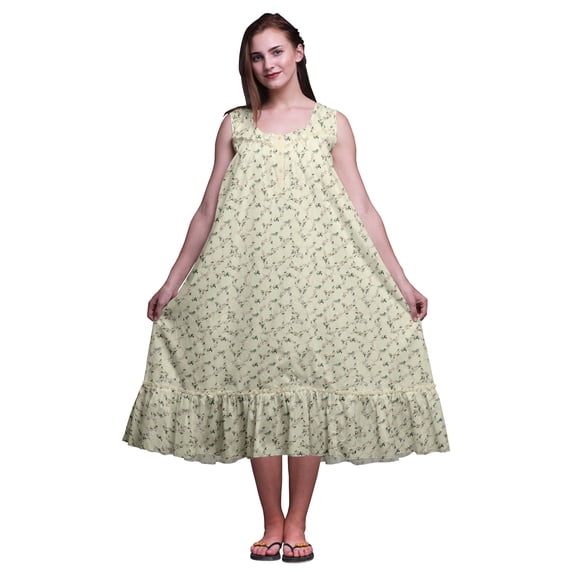 Bimba China Ivory Floral Roses & Ranunculus Sleeveless Night Gown For Womens Cotton Printed Nightwear Ladies Sleepwear X-Large