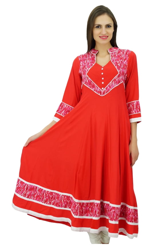 Classic Red Solid Maxi Dress Long Rayon Kurti Party Wear Indian Ethnic Kurta