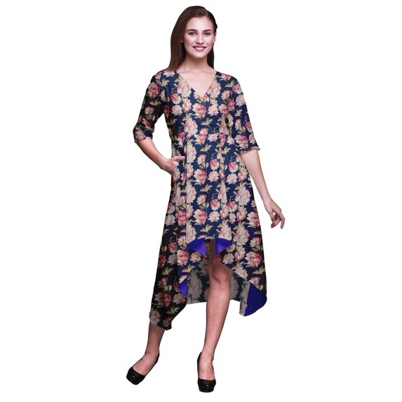 Bimba Cotton Blue Leaves & Carnation Floral Printed Ladies Asymmetrical Pocket Shift Dress Short Sleeve V Neck Midi Dress-Small