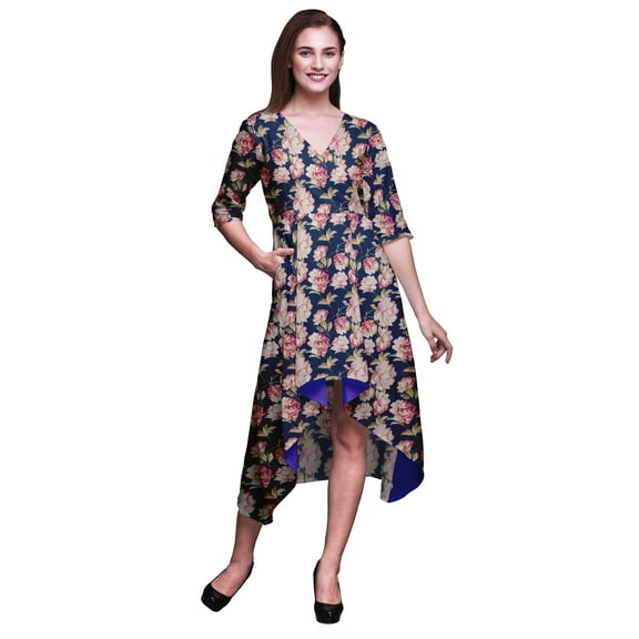 Bimba Cotton Blue Leaves & Carnation Floral Womens V Neck Asymmetrical Pocket ShiftÂ DressÂ Short Sleeve MidiÂ Dress-Medium