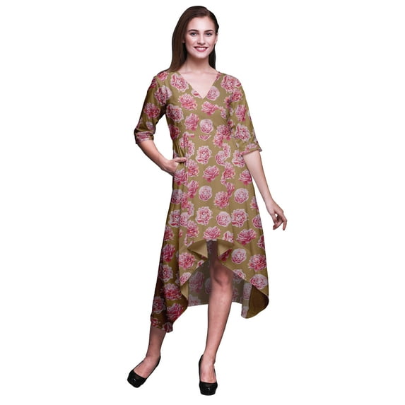 Bimba Cotton Brown Carnation Floral Printed Ladies Asymmetrical Pocket Shift Dress Short Sleeve V Neck Midi Dress-Large