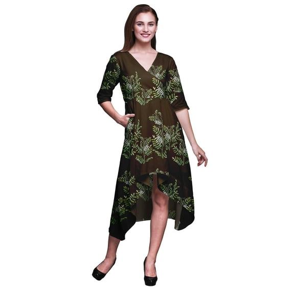 Bimba Cotton Brown Mimosa Pudica Leaves rinted Women’s Asymmetrical Shift Dress With Pockets Casual Midi Dress-Small