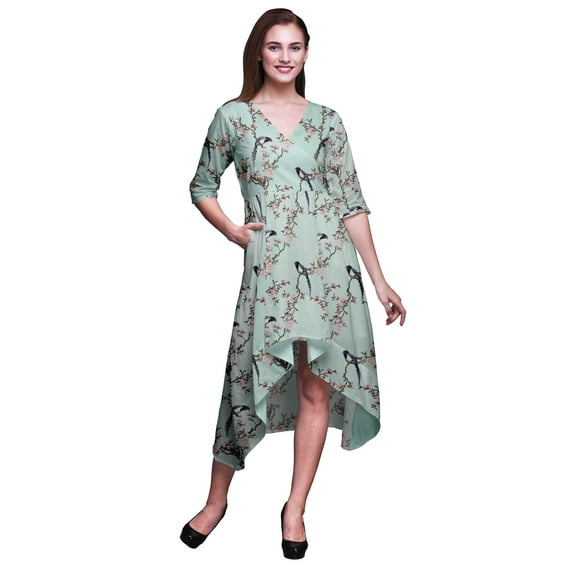 Bimba Cotton Green Blossom & Paradise Whydah Bird Womens Asymmetrical Pocket Shift Dress Summer Party Midi Dress-X-Large