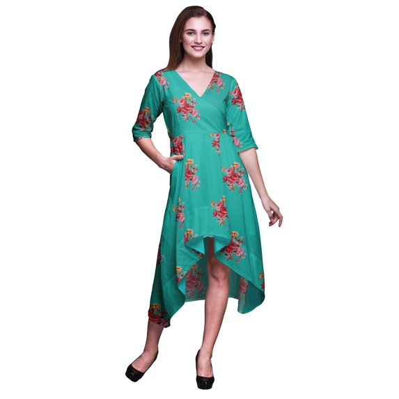 Bimba Cotton Green Leaves & Begonia Floral Printed Ladies Asymmetrical Pocket Shift Dress Short Sleeve V Neck Midi Dress-XX-Large